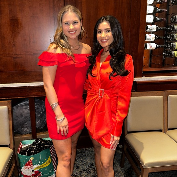 HOUSE OF HARLOW Front Rhinestone Buckle Satin Wrap 35" Mini Dress in Red Size XS - Picture 2 of 2